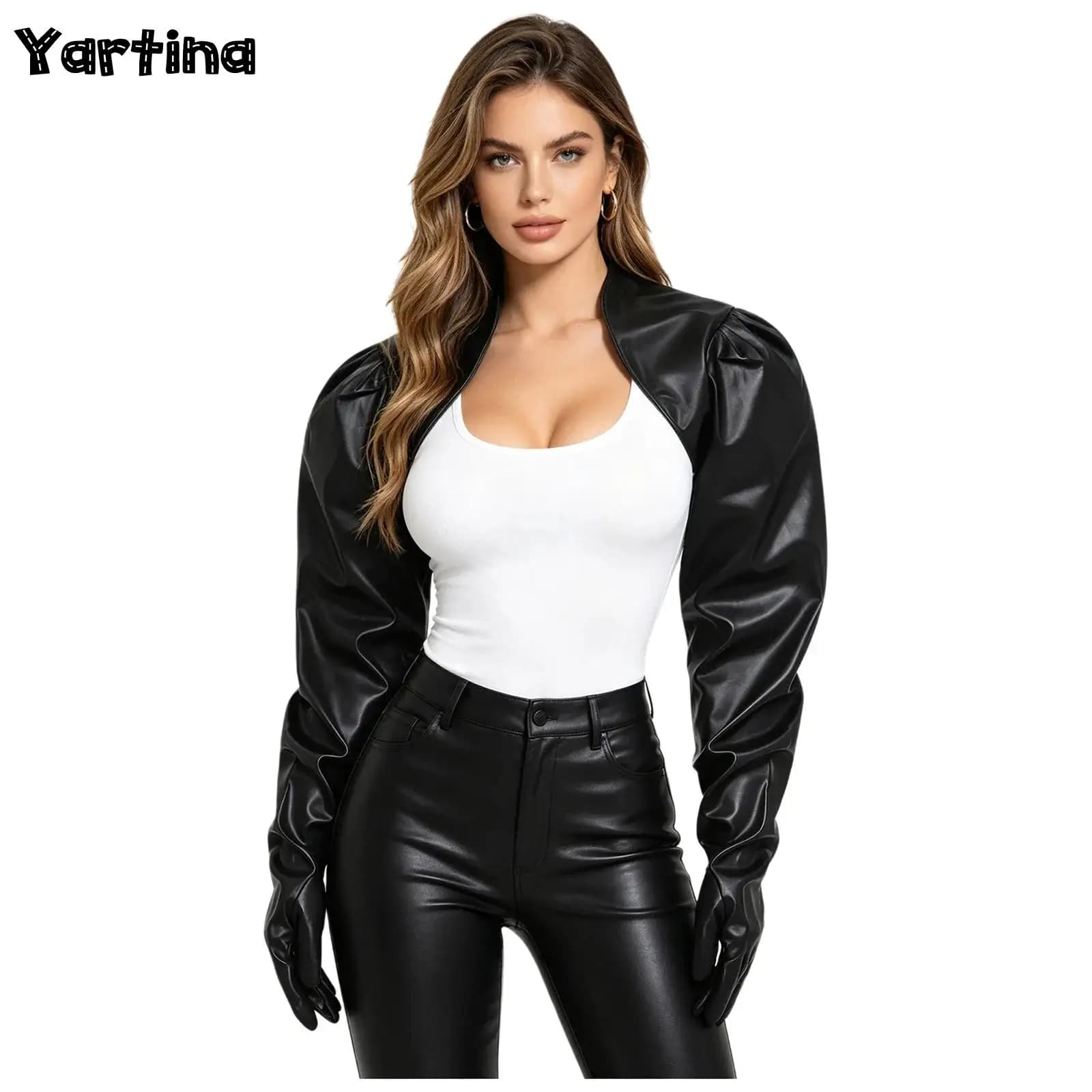 Giacca Corta da Donna in Pelle PU Effetto Bagnato con Guanti, Stile Rave Party, Top Corto Effetto Bagnato, Sciarpa a Mantella Aperta sul Davanti