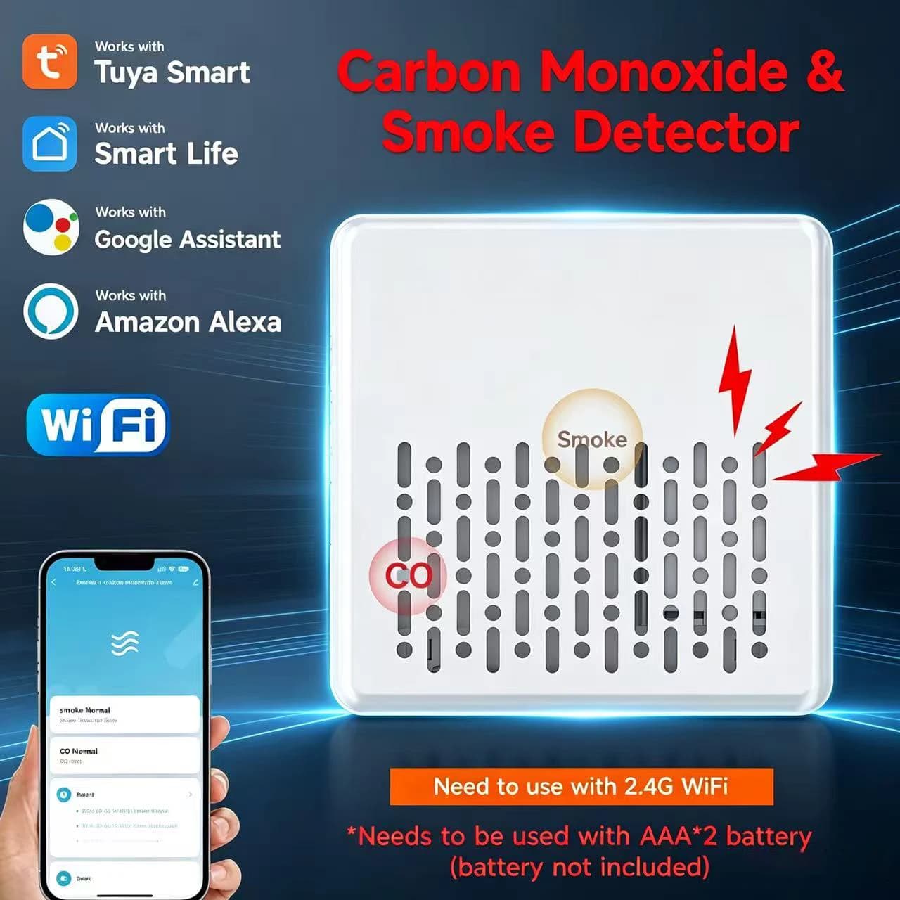 Tuya 2in1 WiFi Smoke Carbon Monoxide Detector Smart Fire CO Poisoning Alarm Phone Alert Works With Smart Life Alexa Google