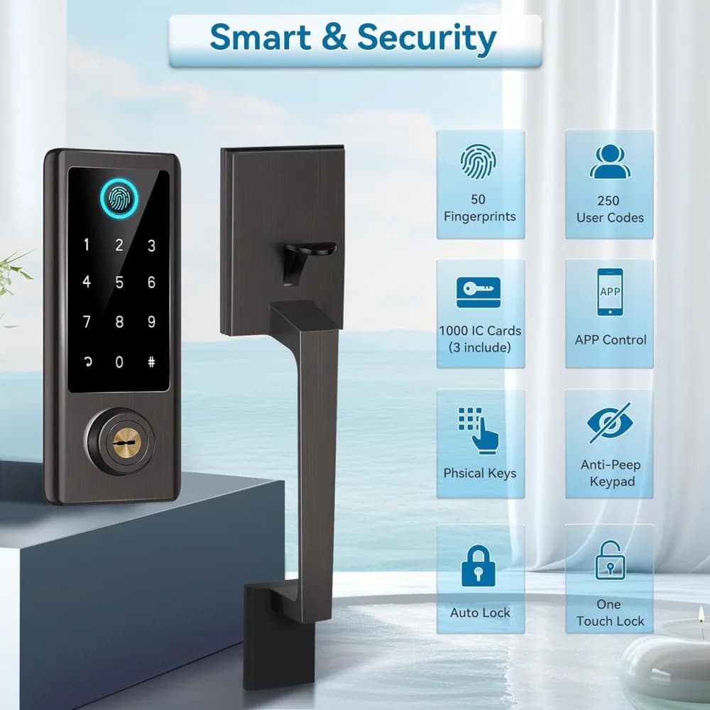 Serratura per porta con impronta digitale con set di maniglie, serratura per porta d'ingresso senza chiave, set di serrature per porta anteriore Bluetooth, catenaccio intelligente