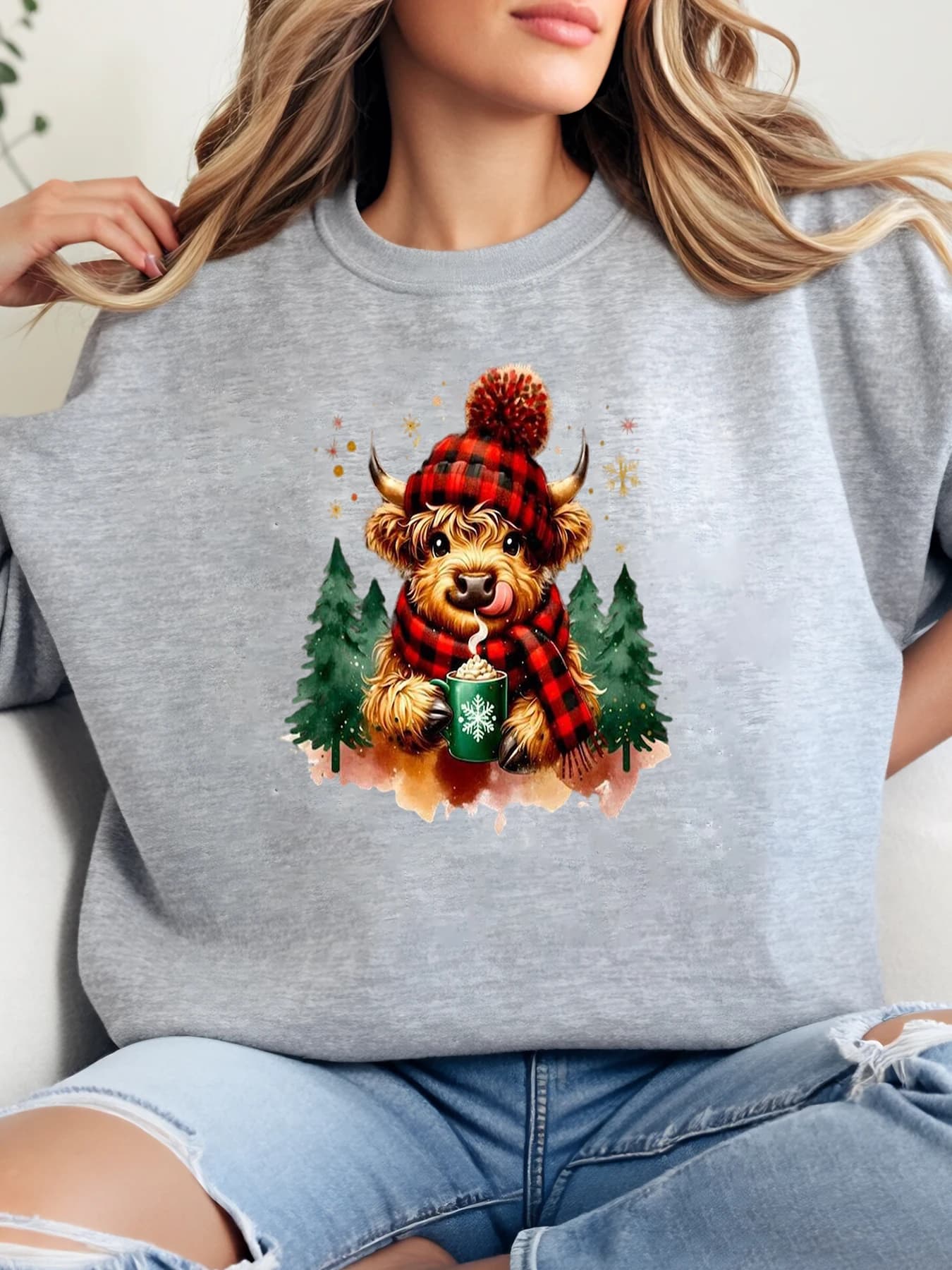 Crew neck sweatshirt with Christmas print Buffalo woman casual clothing Grey Plus size