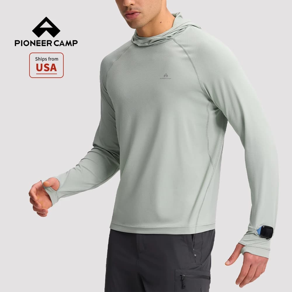 Pioneer Camp Men's UPF 50+ Sun Hoodie Shirt Long Sleeve Quick Dry Rash Guard Thumb Holes Watch Window Fishing Hiking Golf