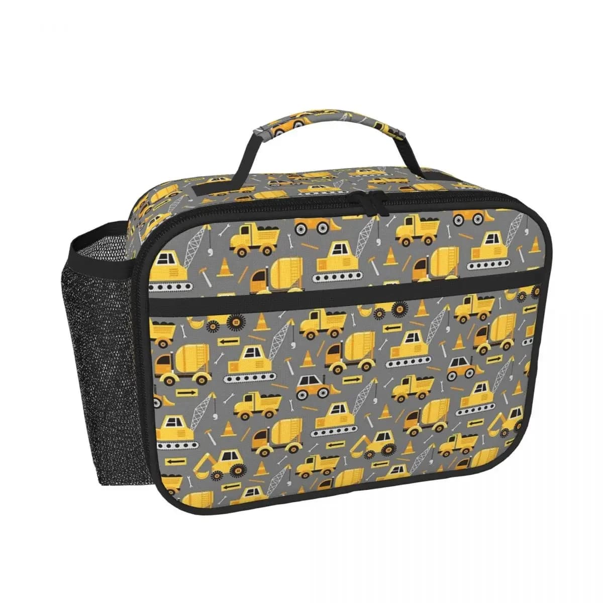 Construction Trucks On Gray Insulated Lunch Bag for Women Kids Portable Food Boxes Thermal Lunch Box Tote