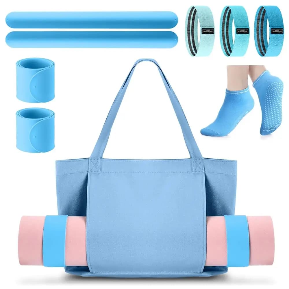 Set Borsa Yoga per Donne con Borsa per Tappetino, Fasce di Resistenza, Calzini Sportivi Antiscivolo e Lacci in Silicone per Pilates