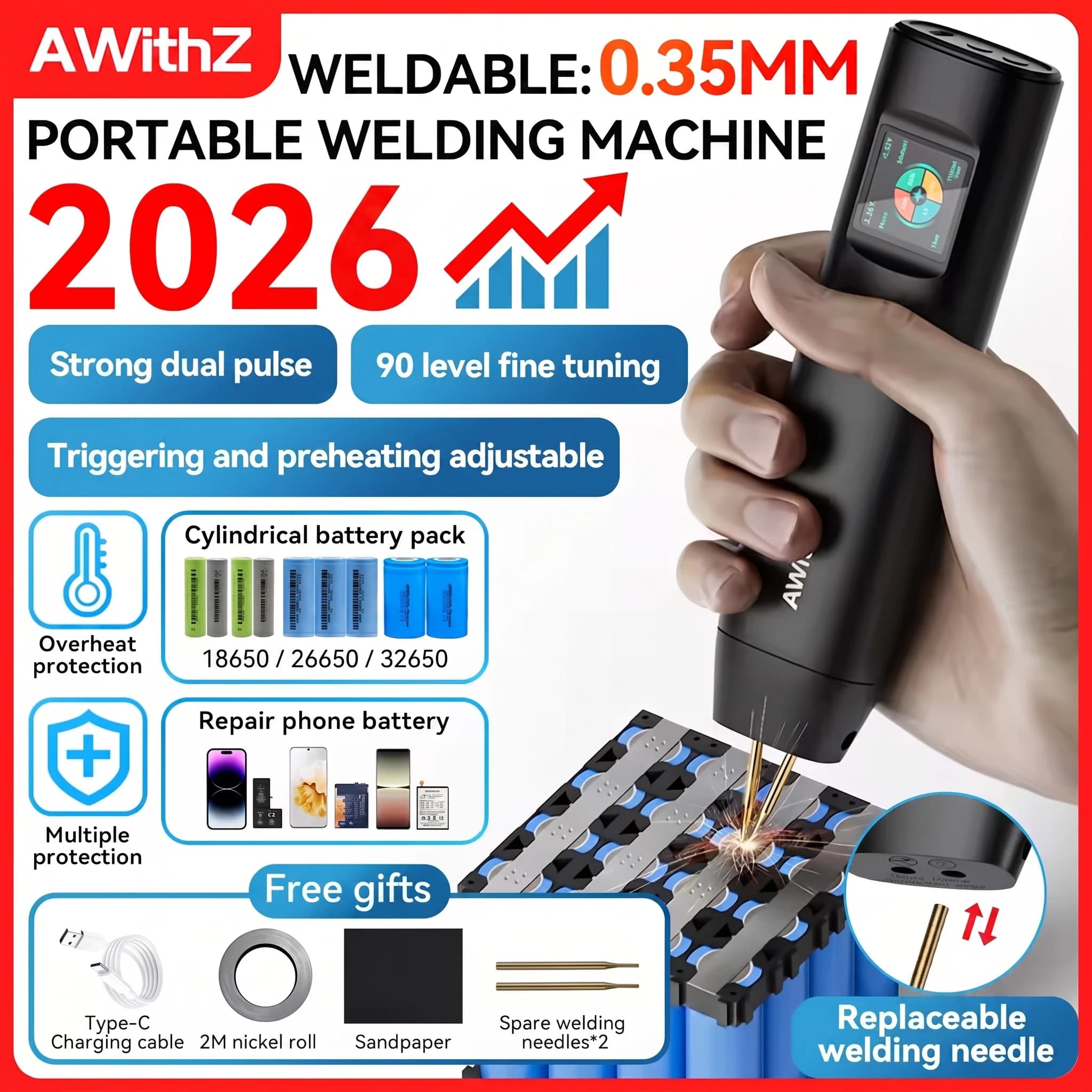 AWithZ Saldatrice a punti portatile Saldatrice a punti portatile fai-da-te 90 ingranaggi Saldatura a punti regolabile per batteria al litio 18650