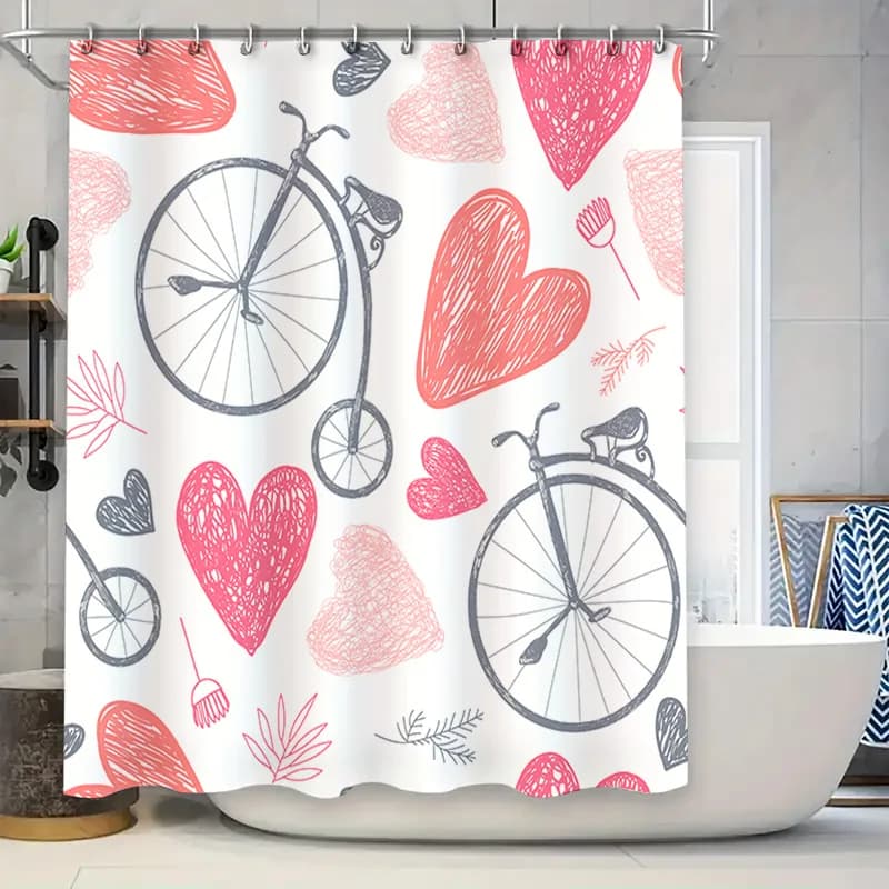 Tenda da doccia con stampa floreale per bicicletta con cuore d'amore disegnato a mano per l'arredamento del bagno nel giardino di casa
