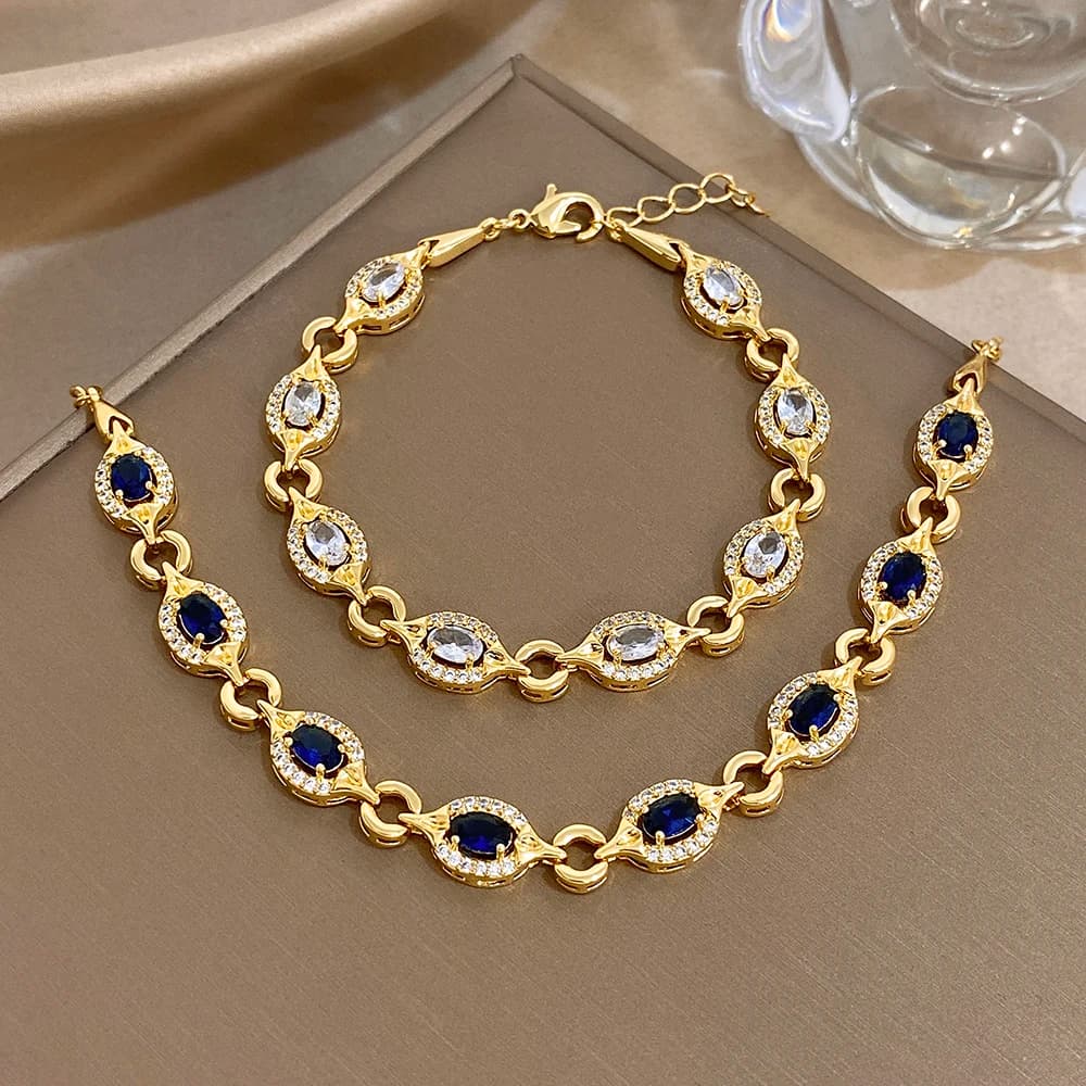 Greatera Light Luxury Ovale Bianco Blu Zirconio intarsiato Bracciale da donna Catena lucida Temperamento Colore oro Bracciale Gioielli Nuovo
