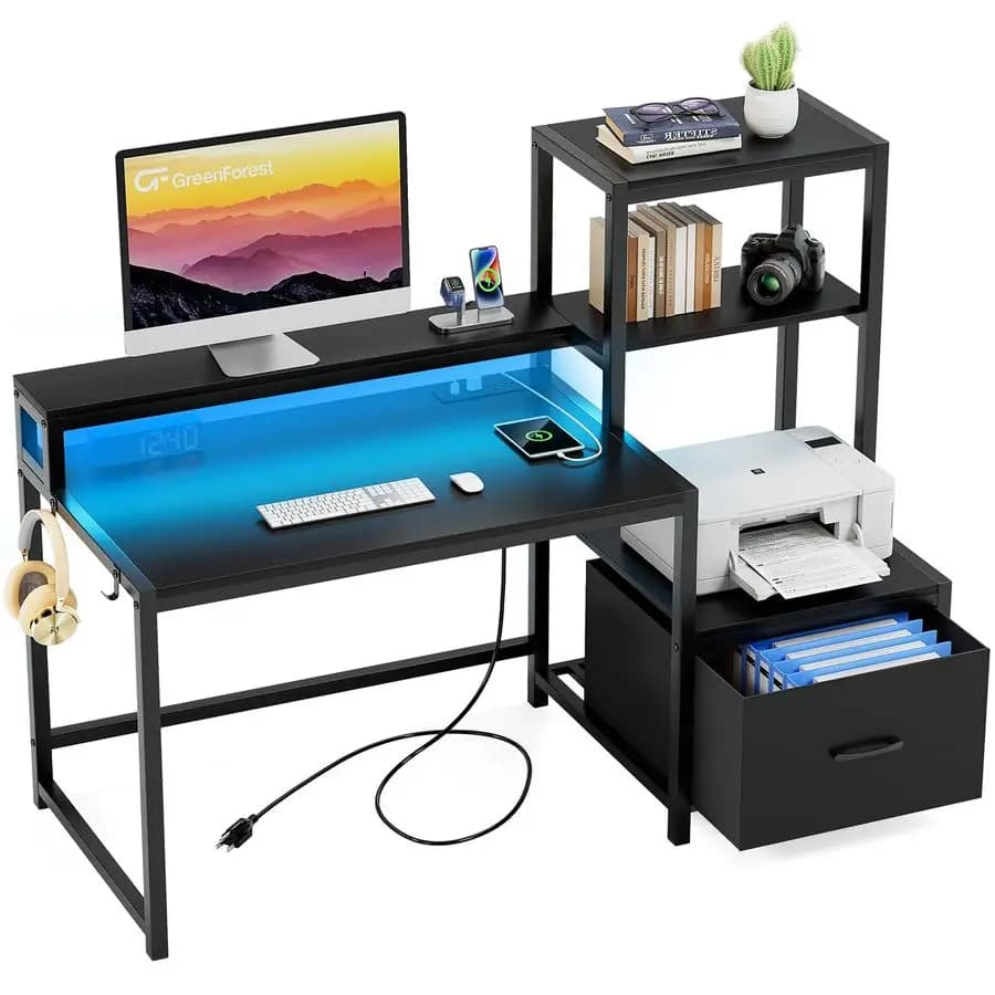 Scrivania per computer con cassetti e supporto per monitor, scrivania per ufficio domestico con ripiani portaoggetti, piccola scrivania da gioco con prese di corrente e L