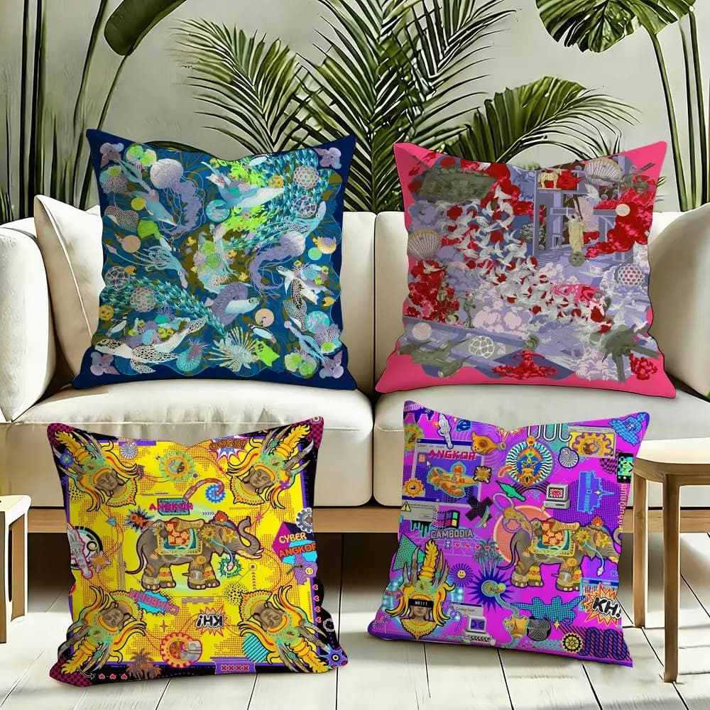 cute cambodian buddha print Cushion Cover Reversible Plush Pillow Cover Soft Fluffy Home Decor for Sofa Bedroom