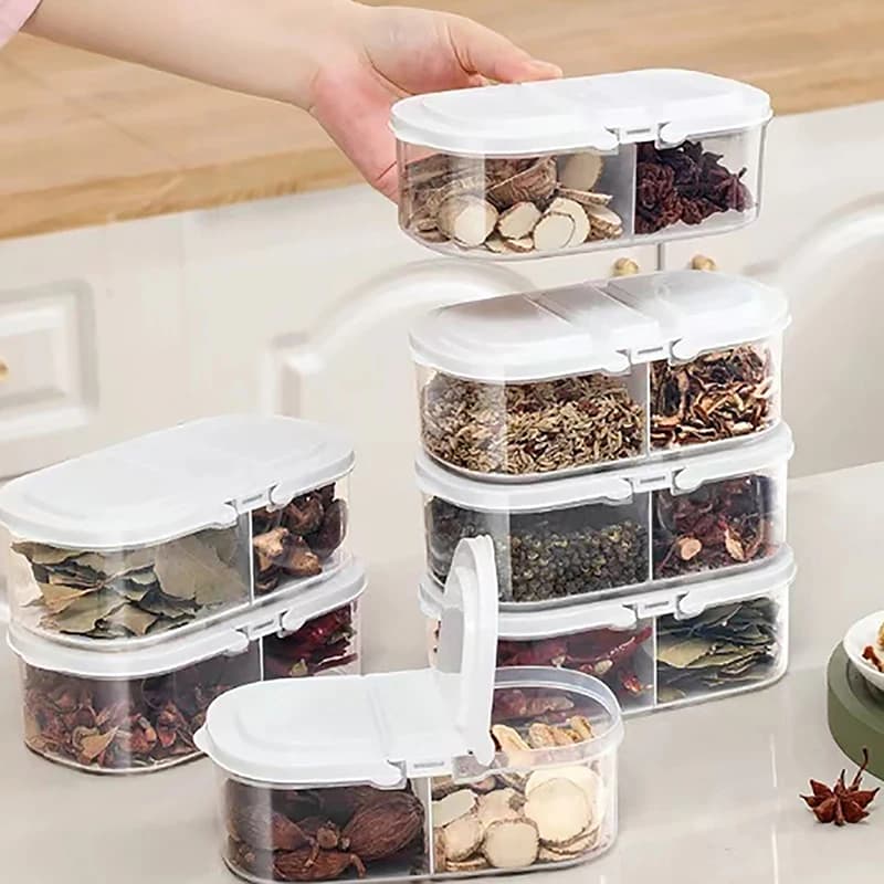 Doppio scomparto con coperchio Barattolo sigillante per frutta secca per alimenti Barattolo di plastica per frigorifero da cucina multifunzionale