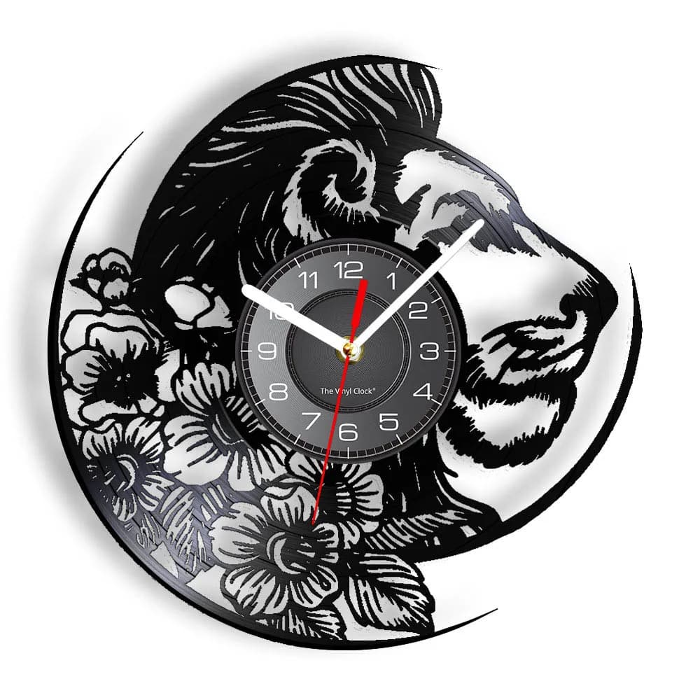 Orologio da Parete in Vinile con Design Leone e Fiori, Decorazione per la Casa, Silenzioso, a Quarzo