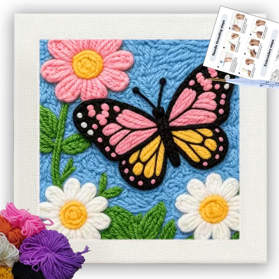 CHENISTORY punch needle embroidery kits Flower pattern With Frame 25x25cm For Beginner Yarn Handicrafts Poking Embroidery Stitch