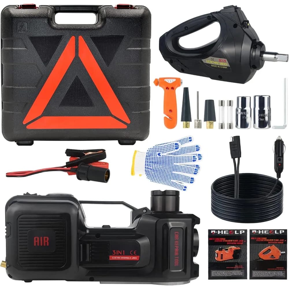 Kit cric per auto elettrica Martinetto idraulico portatile da 5 tonnellate 12V con avvitatore a percussione e pompa di gonfiaggio pneumatici, per pneumatici per auto SUV Berlina MPV
