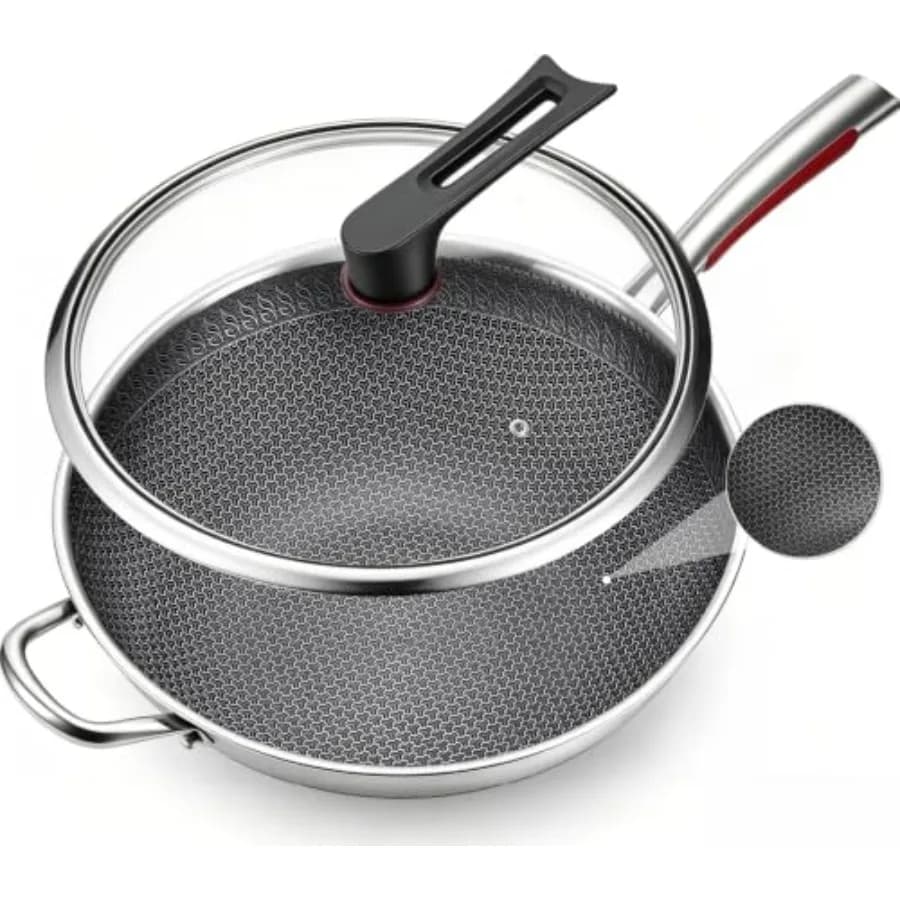 Wok pan for stir-frying stainless steel silver PFOA-free uncoated nonstick surface compatible with all cooktops