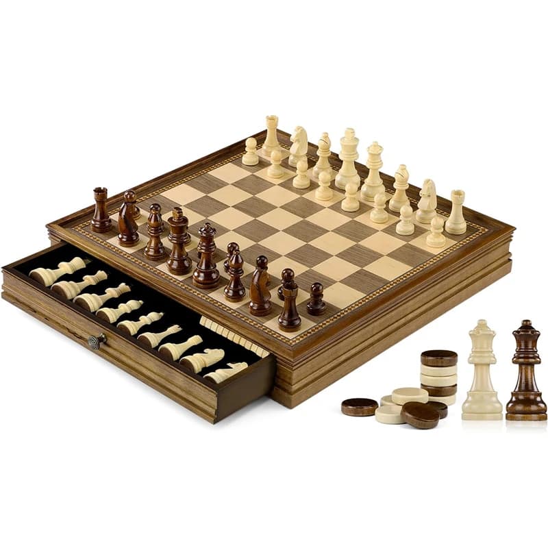 Set da Gioco Premium 2-in-1 in Noce per Scacchi e Dama, 32cm/12.6 pollici, Gioco Classico con Cassetto Portaoggetti