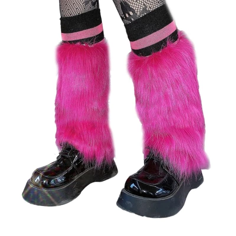 Women's Vintage Rose Red Furry Warm Winter Warm Harajuku Boots Fur Synthetic Shoes Cuffs Covers Long Socks Streetwear