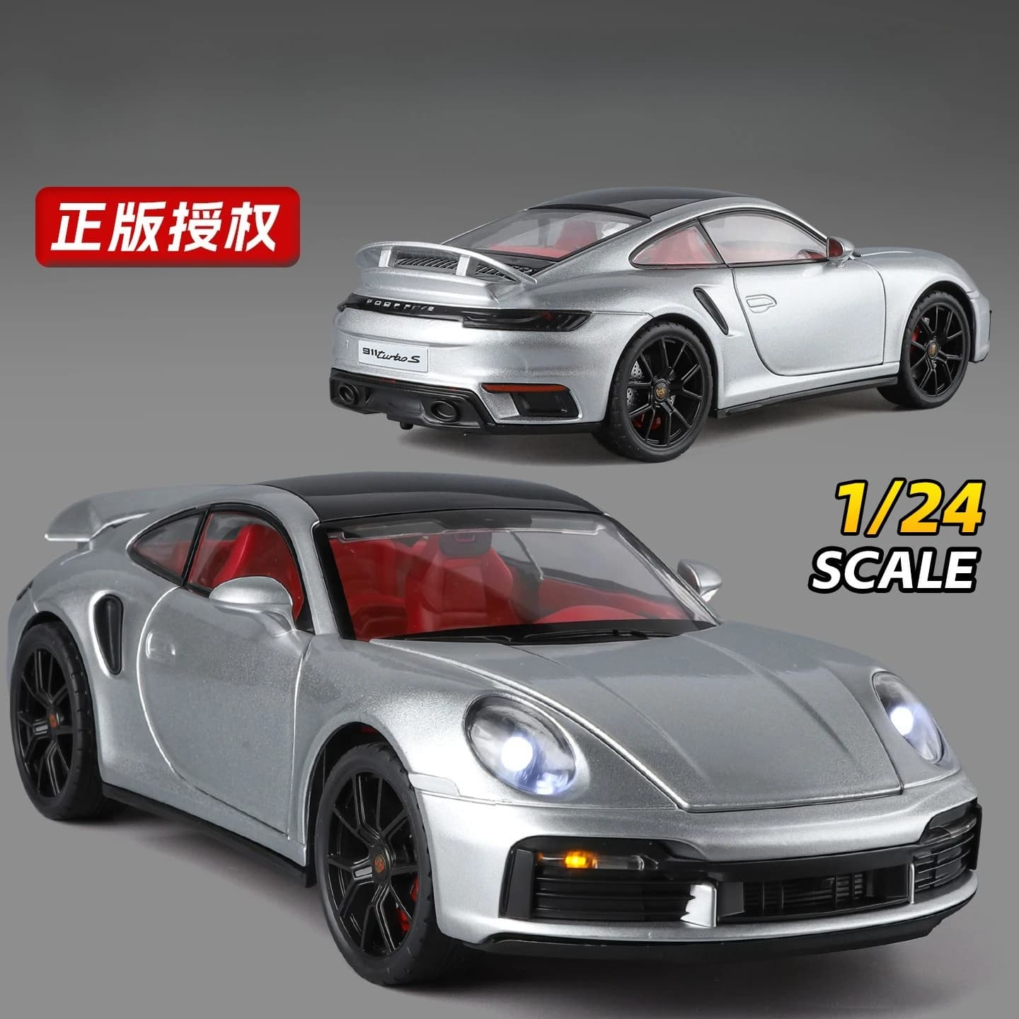 Modellino Auto Giocattolo 1:24 911 Turbo S con Funzione Pull-Back, Musica e Luci, Veicolo in Miniatura in Metallo Pressofuso, Regalo Educativo per Bambini