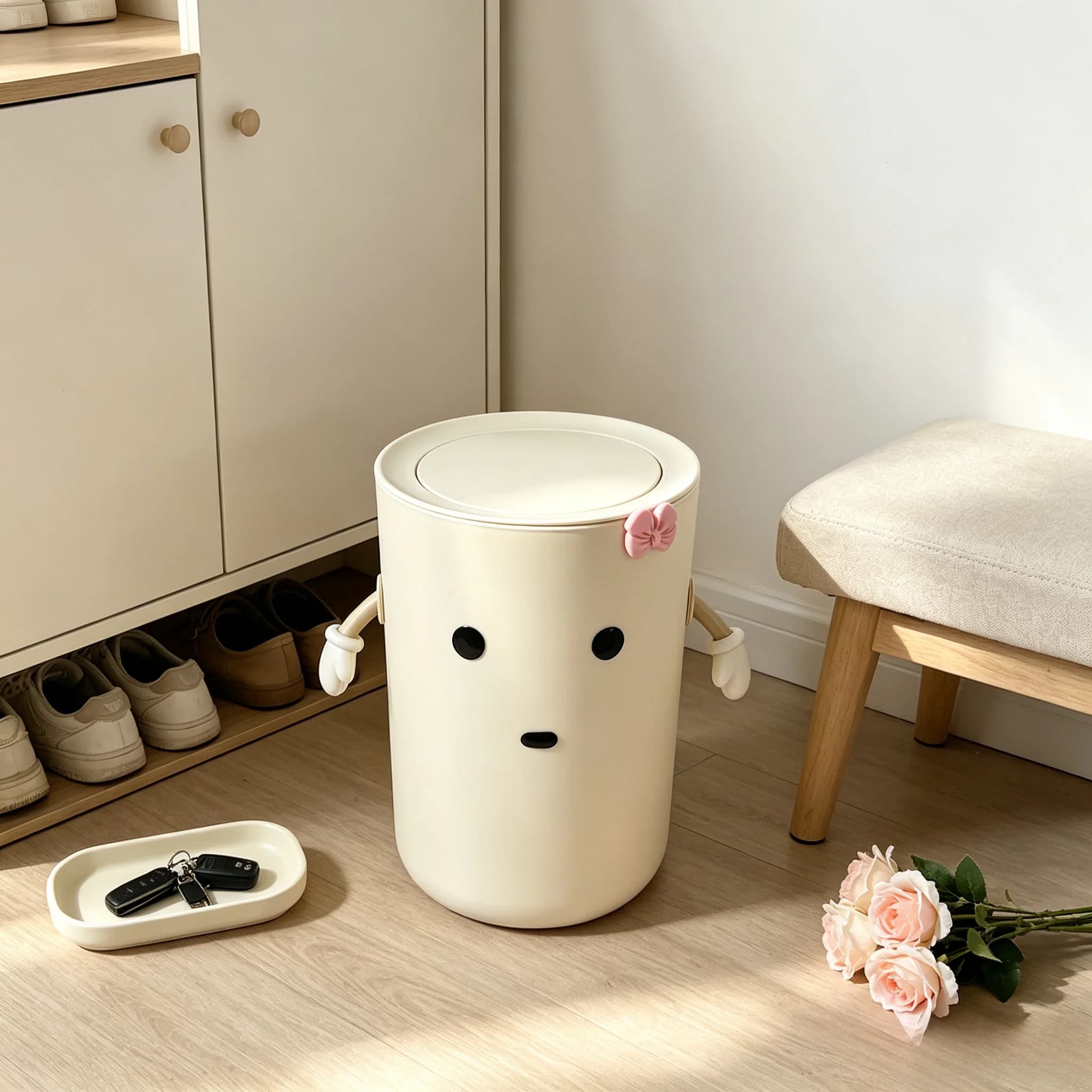 Cute Kawaii Cartoon Press‑Top Trash Can with Lid, Cream White Plastic Garbage Bin with Movable Arms & Pink Bow‑Knot, Aesthetic Round Waste Bucket for Bedroom, Dorm, Living Room, Kids Room, Home‑Office