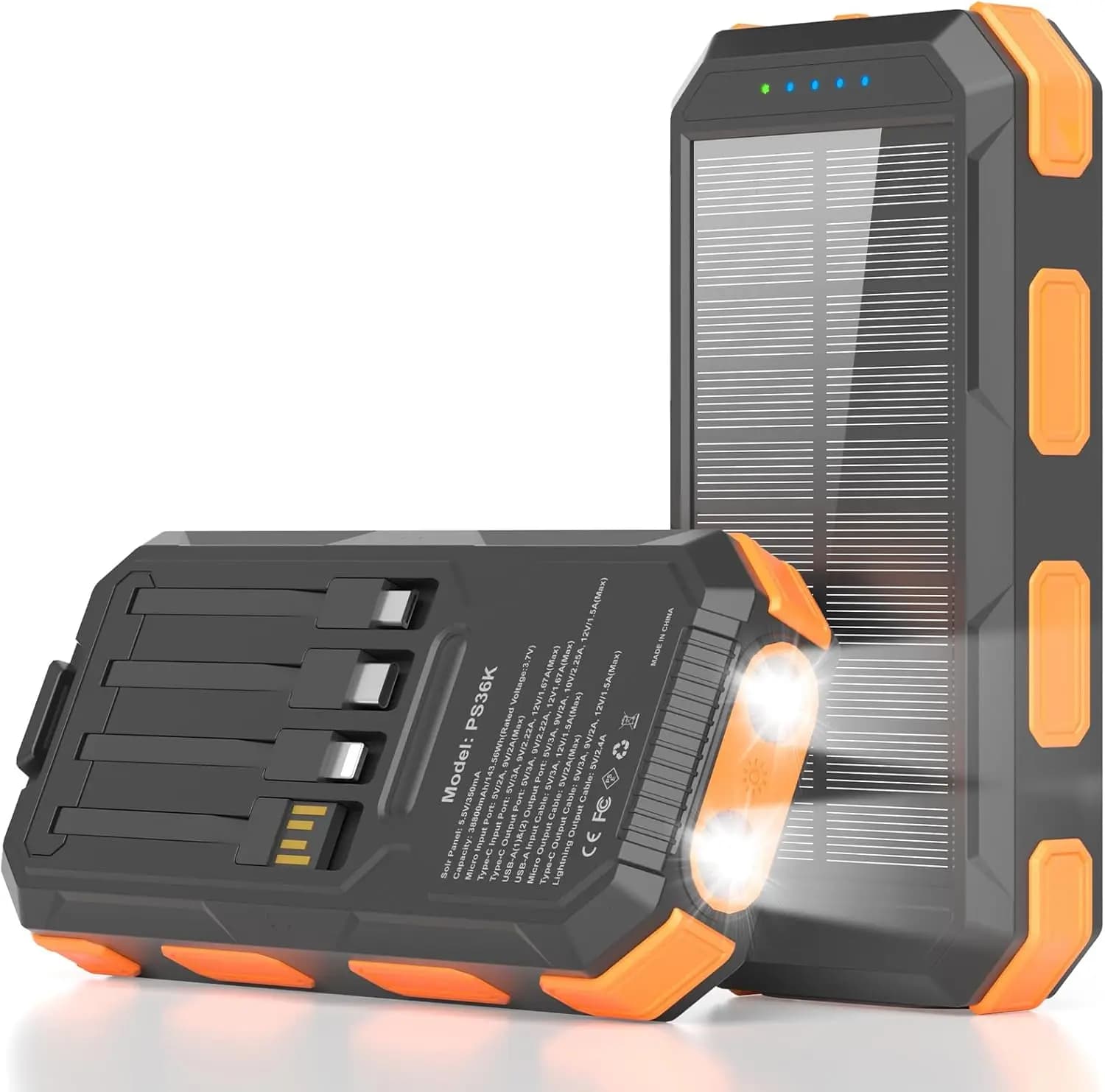 Caricabatterie Solare Power Bank 38800mAh, Ricarica Rapida USB-C PD 22.5W, Caricatore Portatile con 4 Cavi Integrati, Doppia Torcia LED