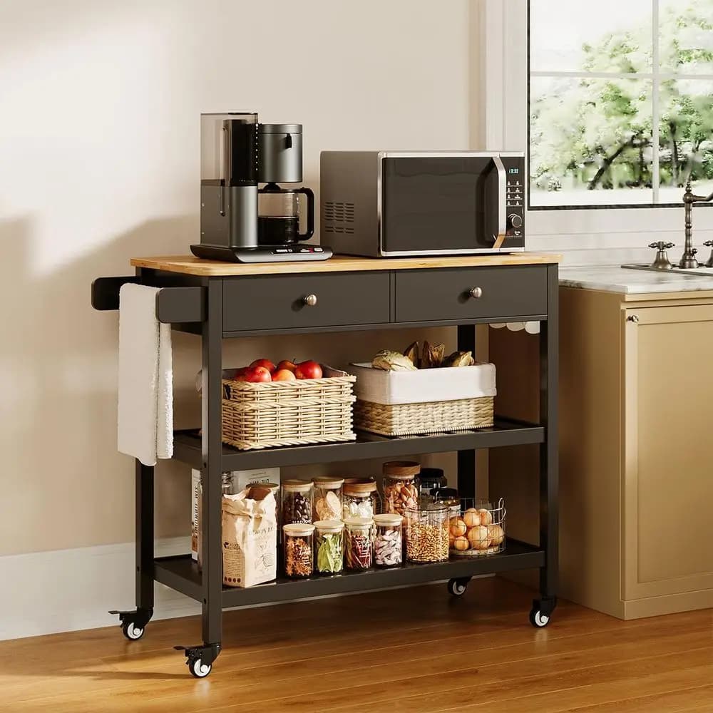 Carrello da Cucina con Isola e Spazio di Archiviazione, Piano in Legno da 40'', 2 Ripiani Spaziosi e Portasciugamani, Carrello Mobile su Struttura in Metallo