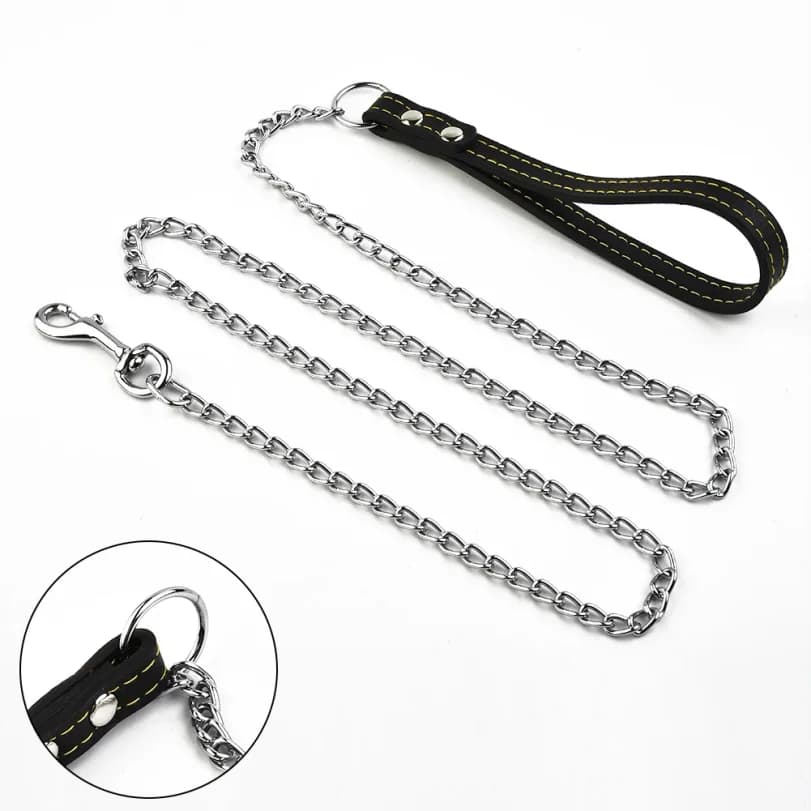 Guinzaglio per Cani in Catena Metallica con Maniglia in Stile Pelle, Robusto Guinzaglio di Controllo, Accessori per Animali Domestici, Collari, Pettorine, Corda di Trazione