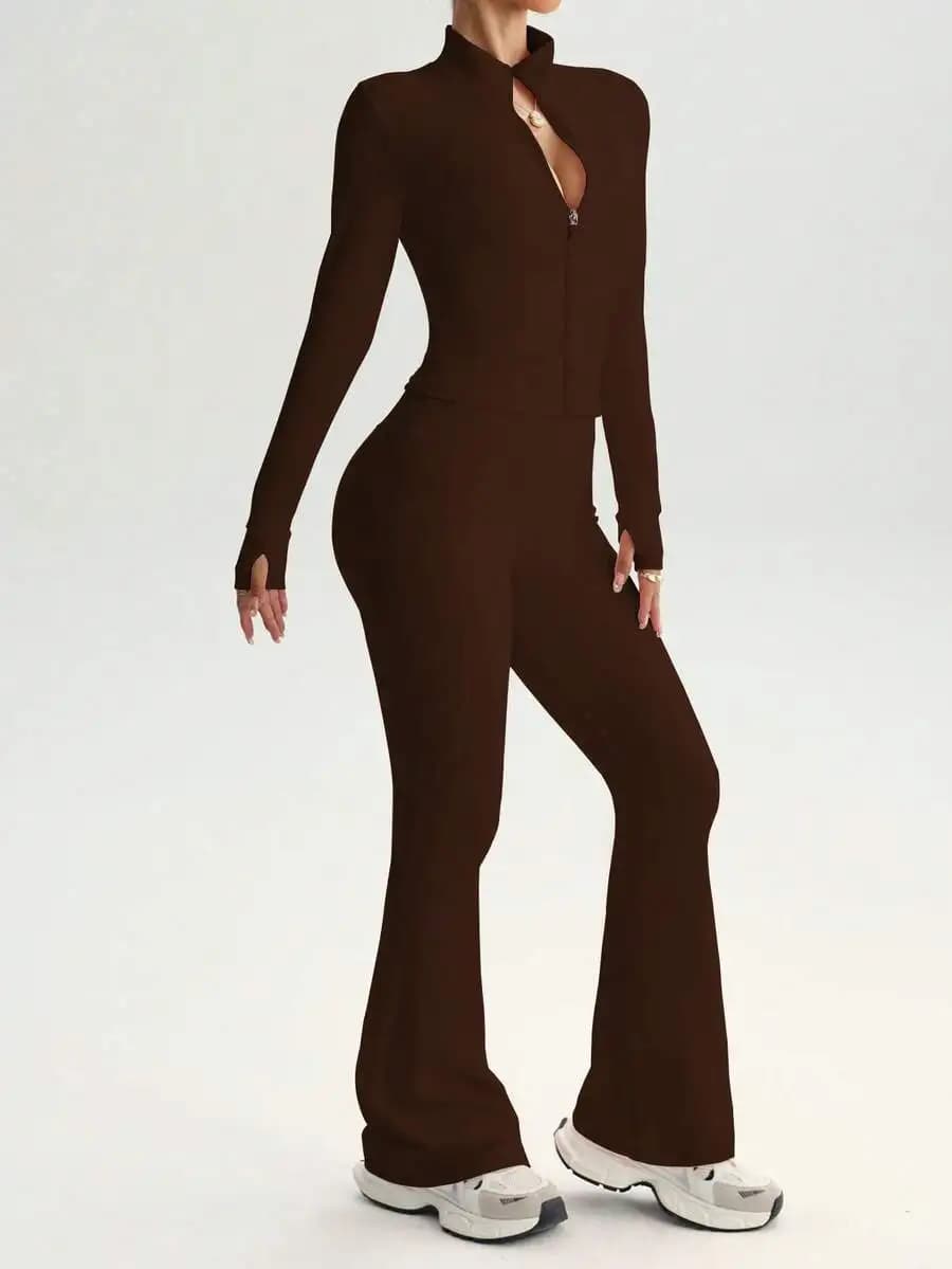 Completo 2 Pezzi Street Style Bodycon: Giacca con Zip Frontale e Pantaloni a Zampa a Vita Alta, Elasticizzato a 4 Vie, Effetto Snellente, Outfit Donna
