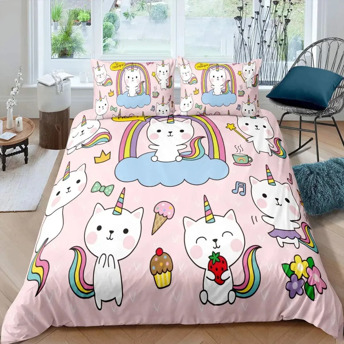 Unicorn Cat King Queen Bed linen set Kawaii Cartoon Kitty Animal Magic 2-3 pieces Soft baby blanket