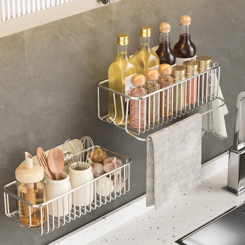Porta Spezie da Cucina in Acciaio Inox, Supporto a Parete con Ganci per Barattoli di Condimenti, Scolapiatti e Portasciugamani