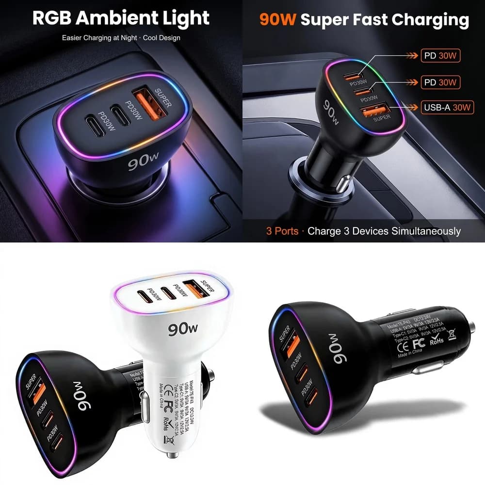 Multi Port 90W Car Charger Super Fast Charging Dual PD 30W Type C USB A 30W Adapter for Laptop MacBook PPS QC3.0 RGB LED Power