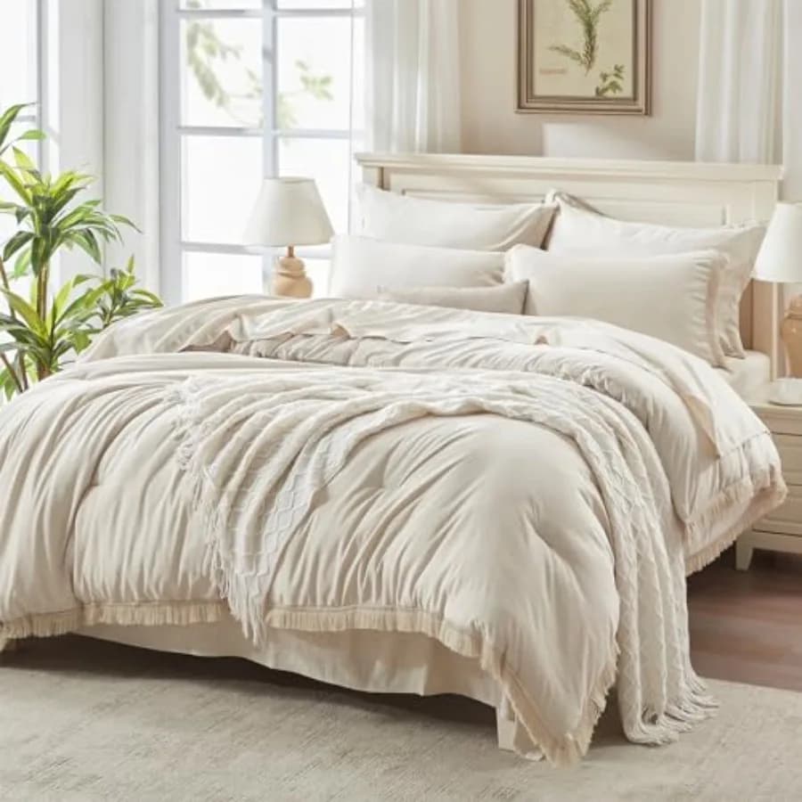 Set Copripiumino 7 Pezzi Beige, Set Letto Completo Soffice Stile Boho con Nappe, Set Biancheria da Letto Crema con Copripiumino e Lenzuola