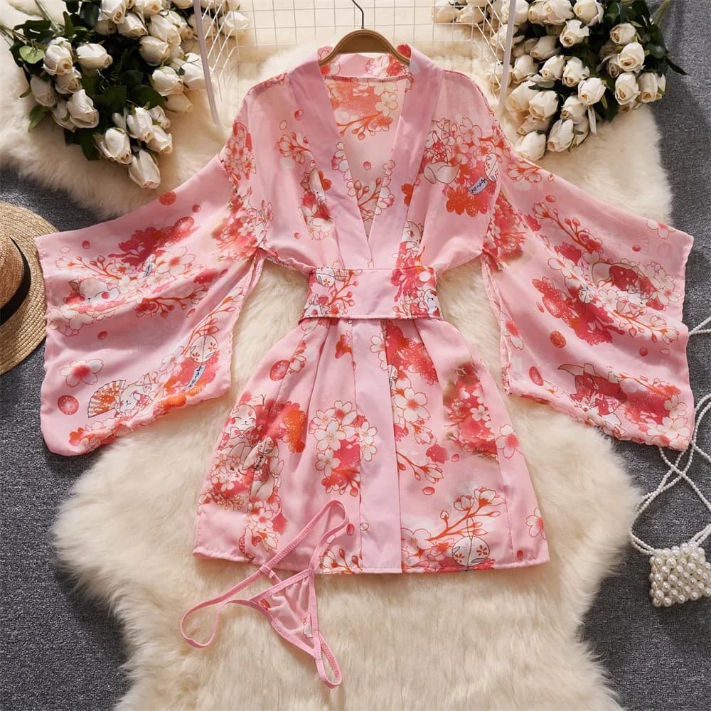 Hotsweet Stampa Abito corto Sheer Sexy Kimono Sottile Maniche a petalo Accappatoio Abiti segreti da donna Lingerie erotica Pigiama da notte