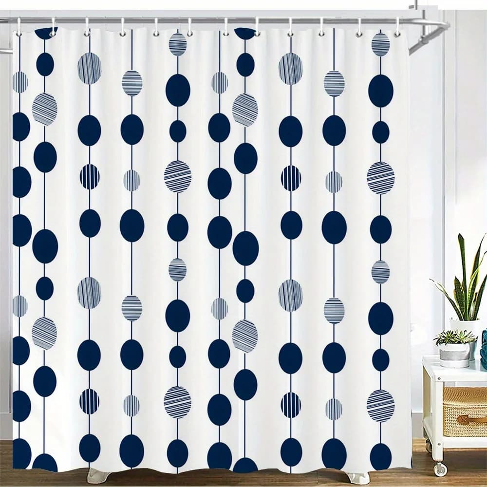 2D Flat Navy Blue Geometric Shower Curtain Machine Washable for Contemporary Bathroom with Hooks