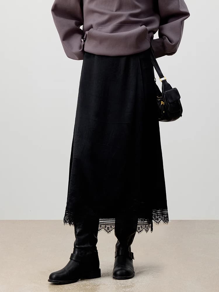 Gonna Nera a Vita Alta con Pizzo, Modello A-Line, da Donna, Ideale per il Lavoro, Elegante e Snellente, Lunghezza Midi