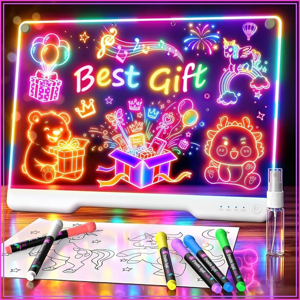 LED Drawing Board with 9 Light Effects, Rechargeable 16" Glow Doodle Note Message Pad with Colors, Neon Light Up Drawing Board Gift for Birthday, Christmas with Markers & Tracing Book