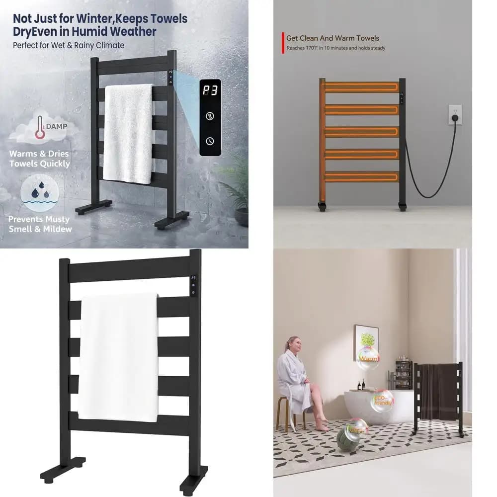 Scaldasalviette Elettrico a 5 Barre con Timer, Temperatura Regolabile, Spegnimento Automatico e Riscaldamento Rapido per Bagno e Spa, Nero Opaco