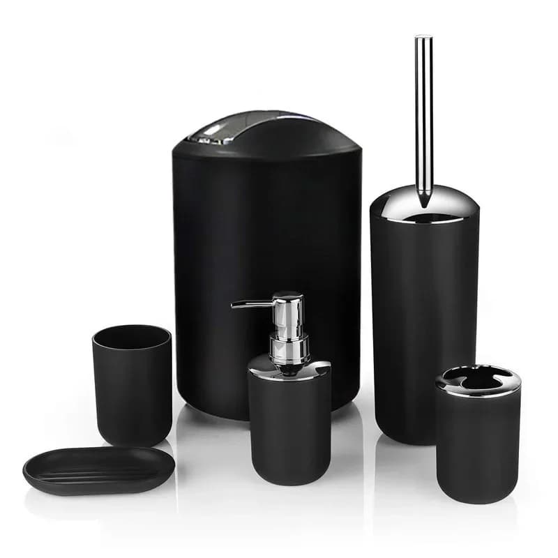 6 pezzi articoli da bagno in plastica nera portaspazzolino portaspazzolino portasapone scopino da bagno e Set da toilette