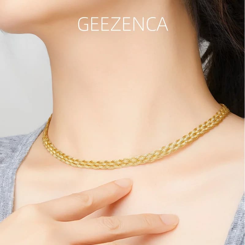 GEEZENCA Gioiello Italiano Collana a Catena Intrecciata Piatta in Argento 925 Placcato Oro per Donne, Girocollo Intrecciato a 5 Fili, Regalo