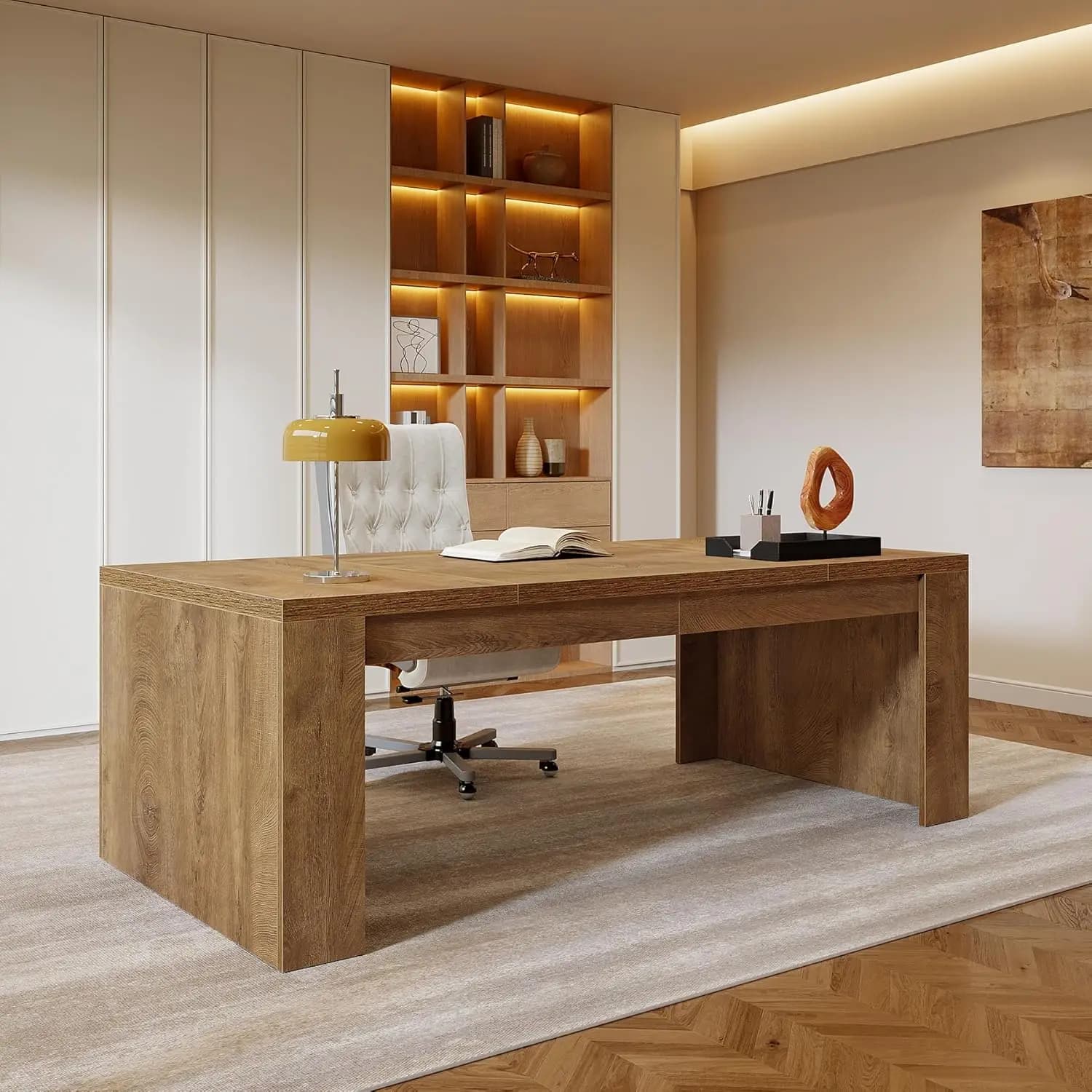 Scrivania Direzionale Grande in Legno da 180 cm, Robusta con Doppie Gambe a Piedistallo, Tavolo da Scrittura per Ufficio Domestico, Marrone, Personalizzabile