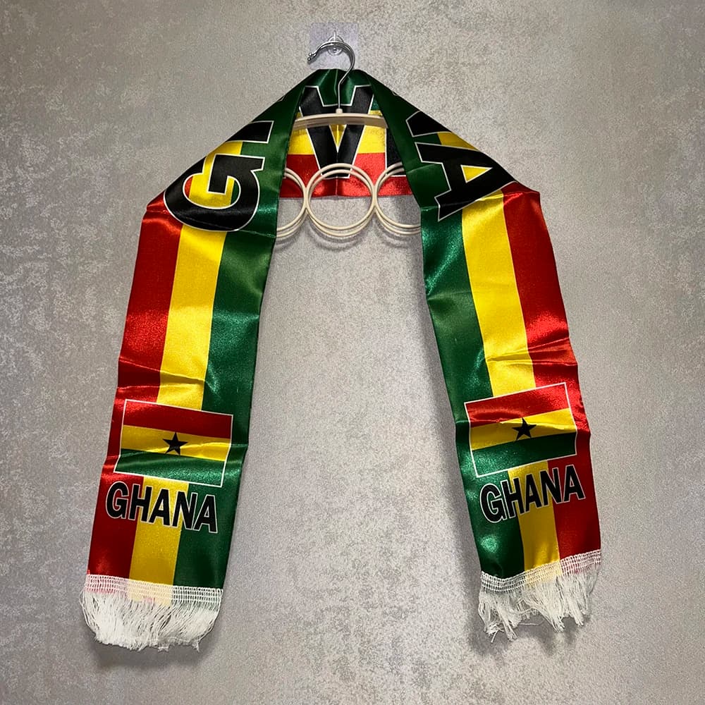 Sciarpa Ghana 14x135cm in Raso Stampato Fronte-Retro con Bandiera del Ghana e Nappe, Ideale per Coppa del Mondo 2026, Sport ed Eventi