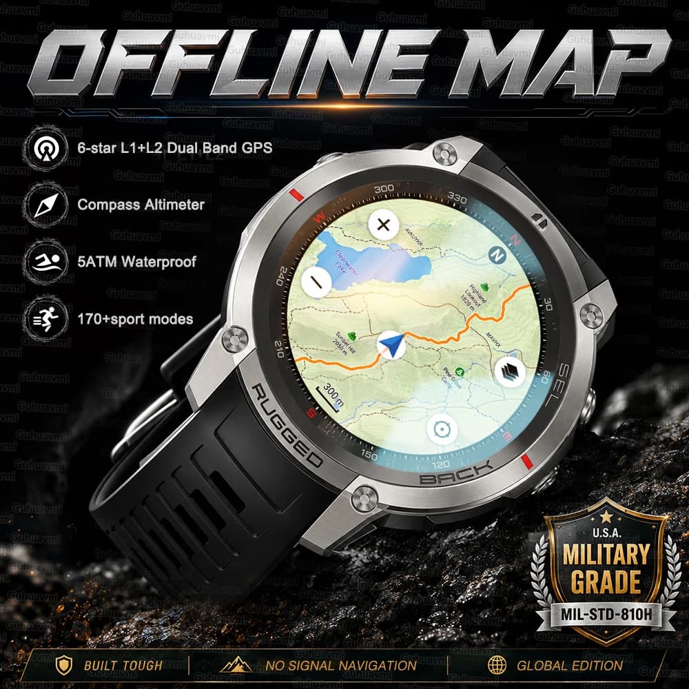 NEW Rugged Military GPS Offline Map Smart Watch Outdoor Navigation Sports Tracker Compass 5ATM Waterproof Swim Dive Watchs Men