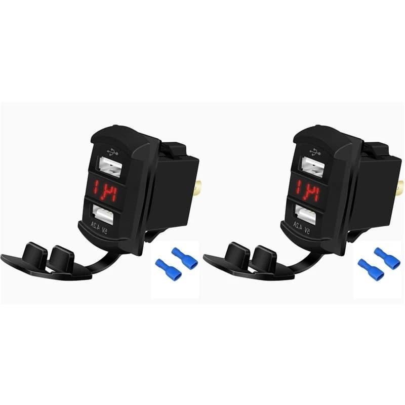 2X Marine USB Rocker Switch 12V Dual Charger Ports 4.2A Waterproof Outlet Socket Digital Voltmeter Red-N25R