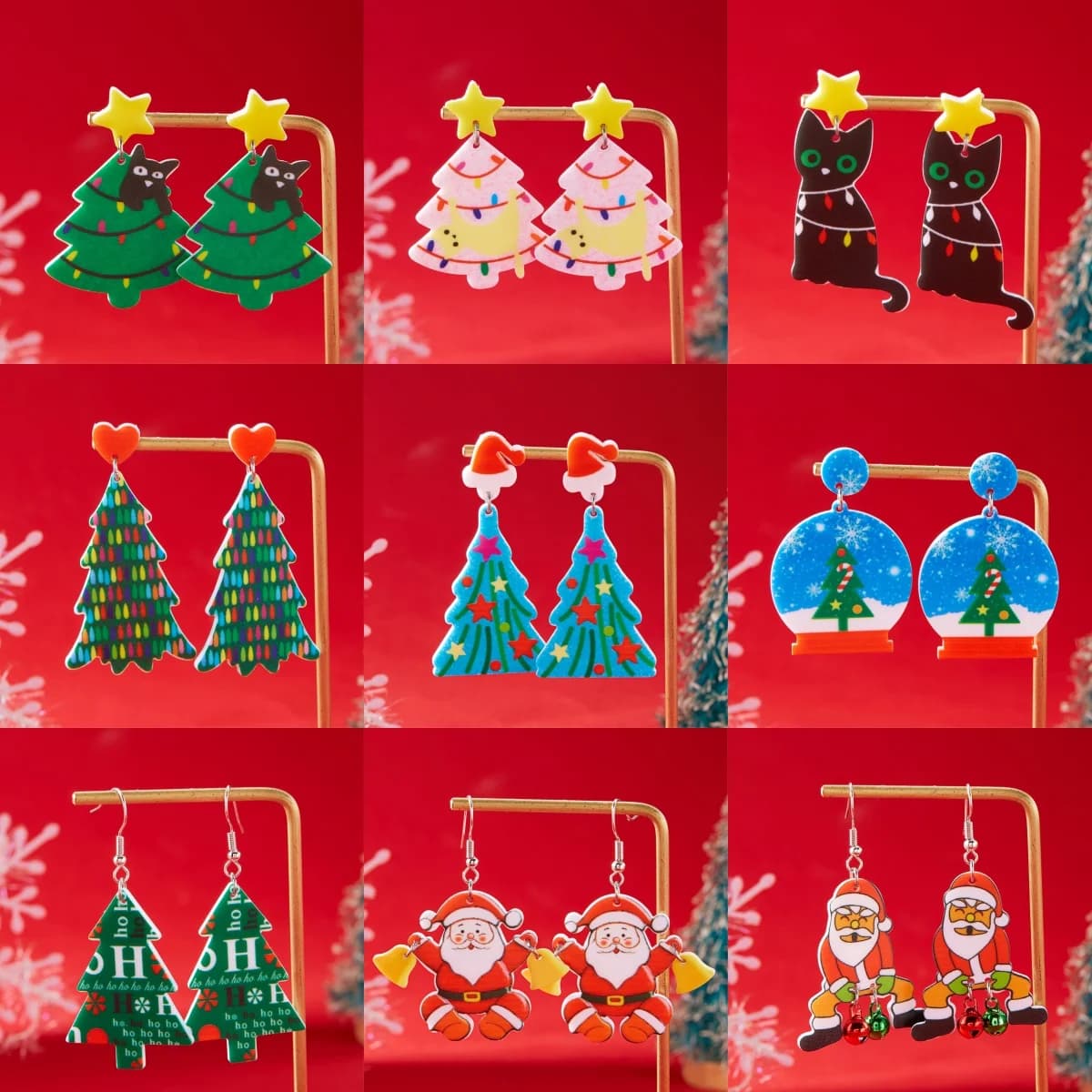 Orecchini pendenti con albero di Natale a forma di stella carina alla moda Orecchini in acrilico con gatto di cartone animato di Babbo Natale Accessori per gioielli di Natale di Capodanno