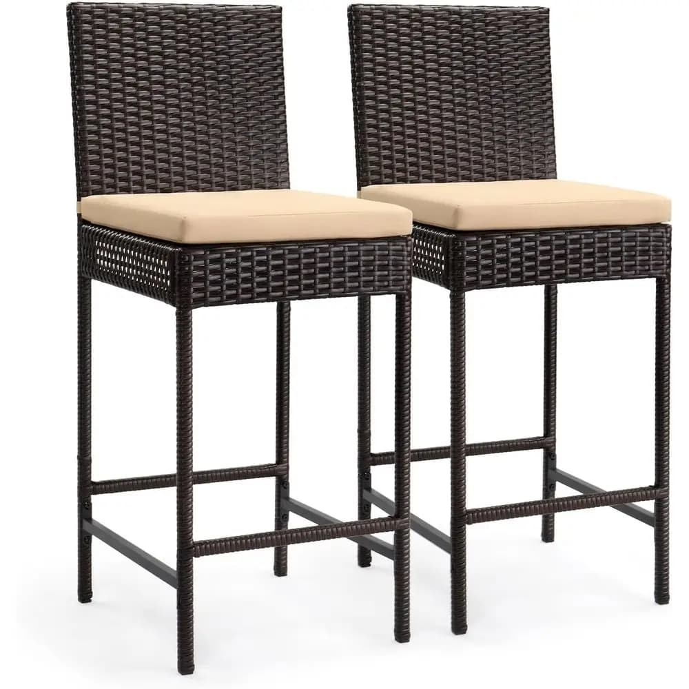 Patio Bar Stools Set of 2 with Cushions, Wicker Outdoor Chairs, Rattan Bar Height Seating for Garden, Pool, Lawn, Backyard