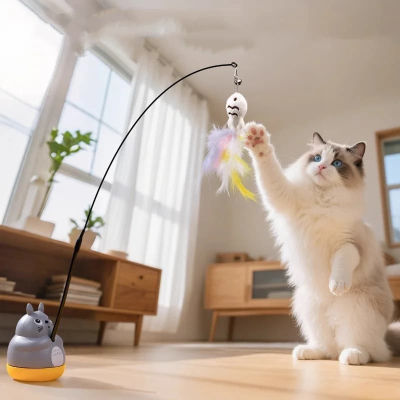Giocattolo Divertente per Gatti, Bastoncino con Filo Lungo in Acciaio e Piume, Gioco Interattivo Rotante per Gattini, Giocattolo per Intrattenimento Felino