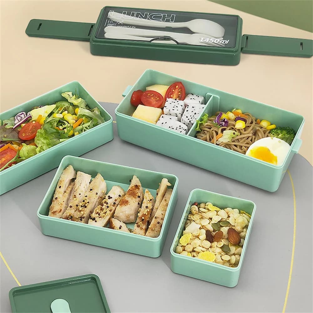 Contenitore per il pranzo portatile in plastica da 1450 ml con posate, a 3 strati, con scomparti, a tenuta stagna, per ufficio e studenti.
