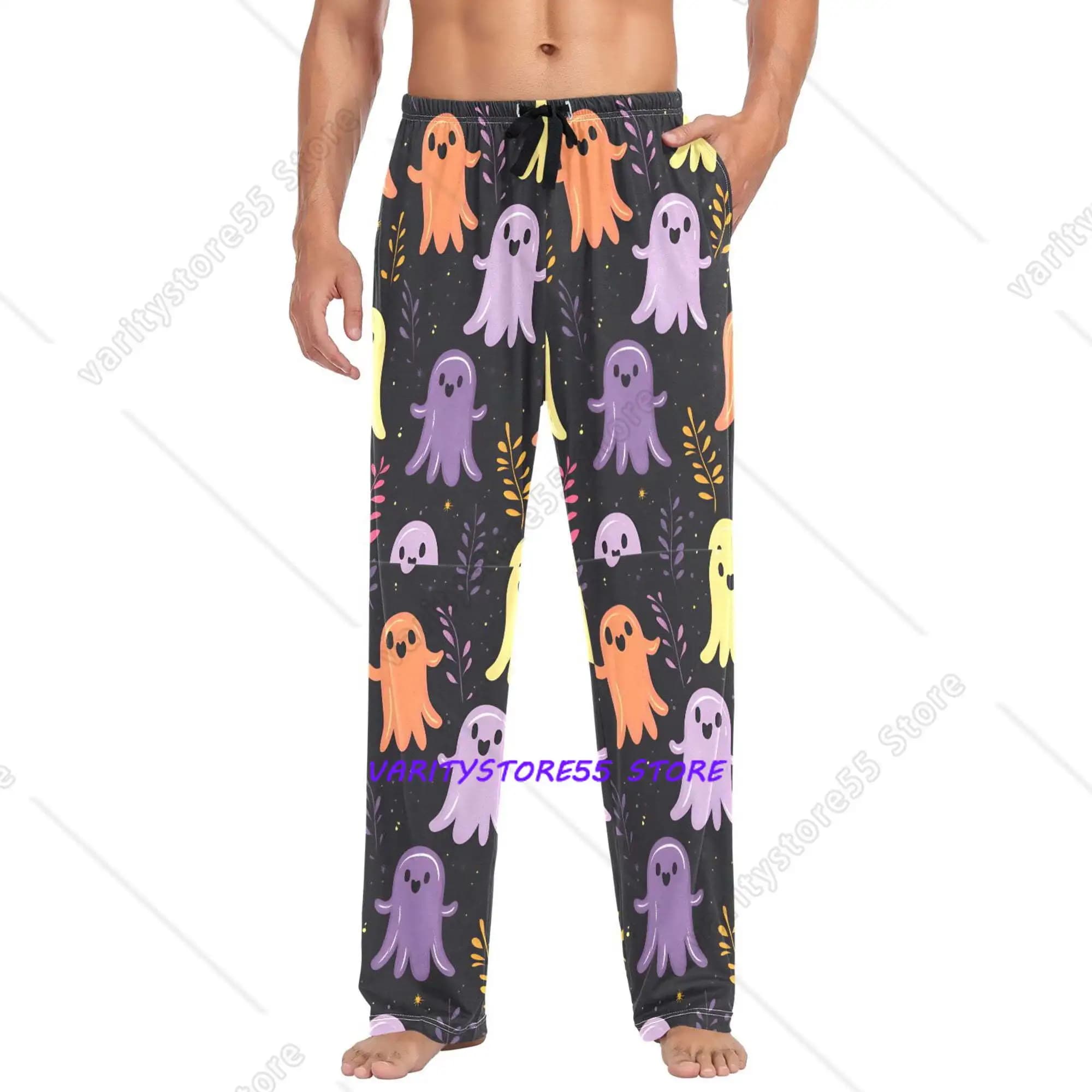 Mens Pajama Pants with Pockets Soft Cotton Sleepwear Lounge Bottoms Yellow Halloween Ghosts