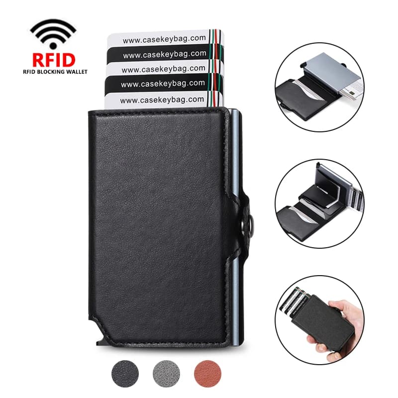 CASEKEY Mini Portafoglio da uomo intelligente sottile antifurto PU Crazy Horse con porta carte di credito RFID pop-up metallico Carteira Masculinos
