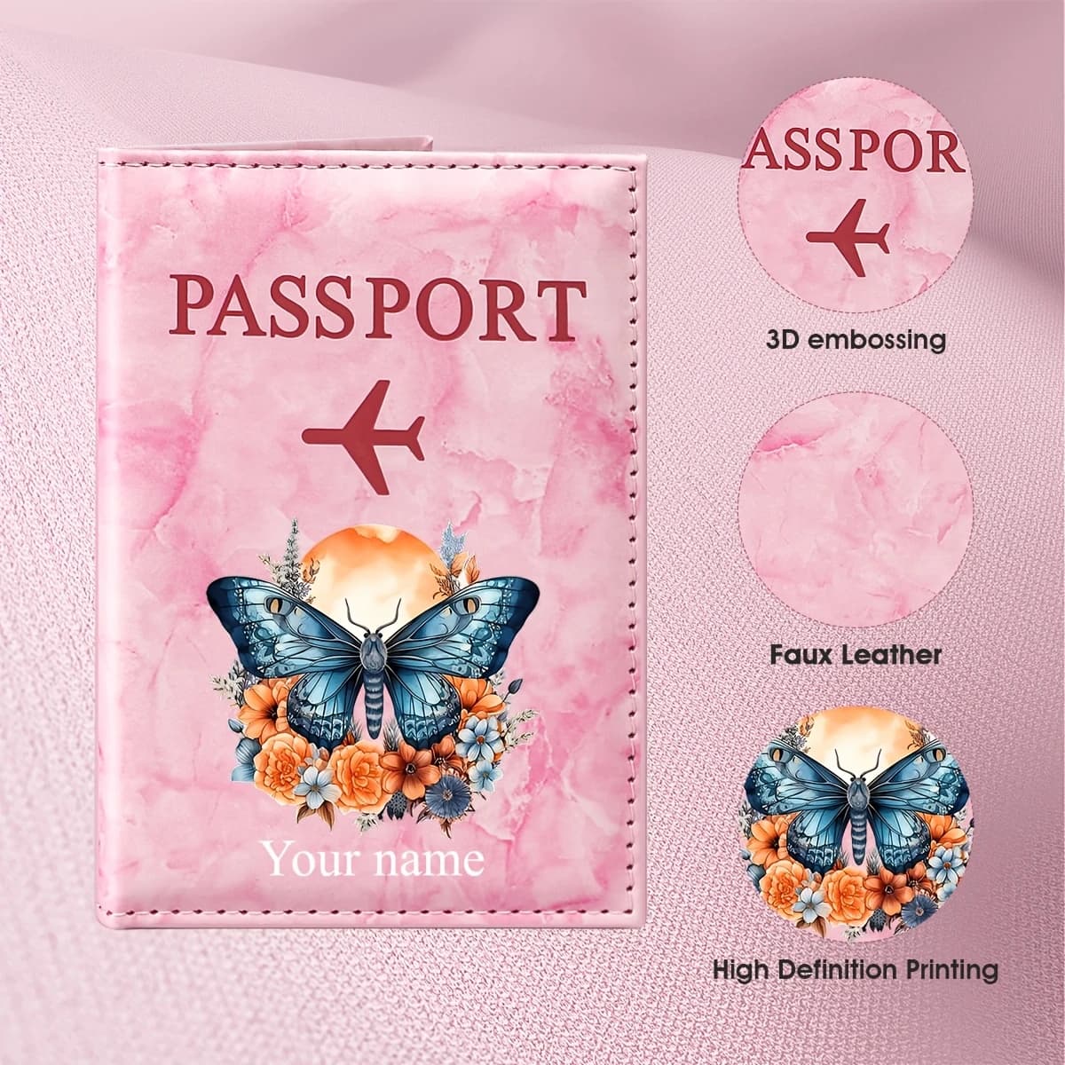 Custom Name Butterfly Floral Art Passport Holder, Featuring a Blue Butterfly and Orange Flower Cluster Pattern That Showcases