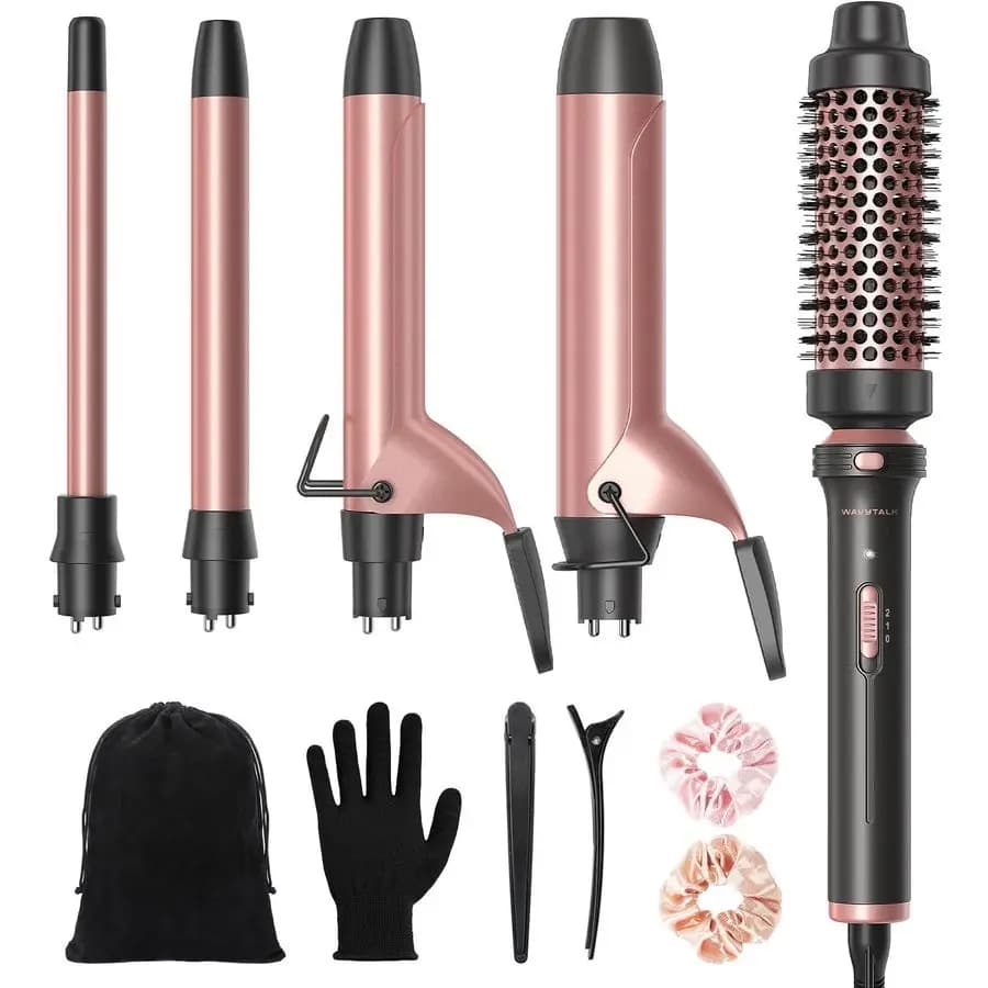 Set Ferro Arricciacapelli 5 in 1 with Brush Round Heated and 4 Ceramic Bacchette Interchangeable from 0.5 to 1.25, Heating Istantaneo