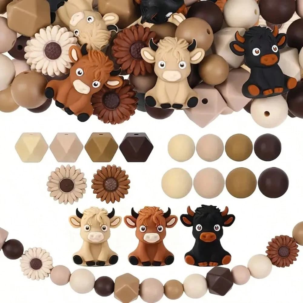 25/34/75PCS Set di perline in silicone 3D per mucca e margherita delle Highland, animali alla moda, a forma di fiore, materiale per la creazione di gioielli fai da te