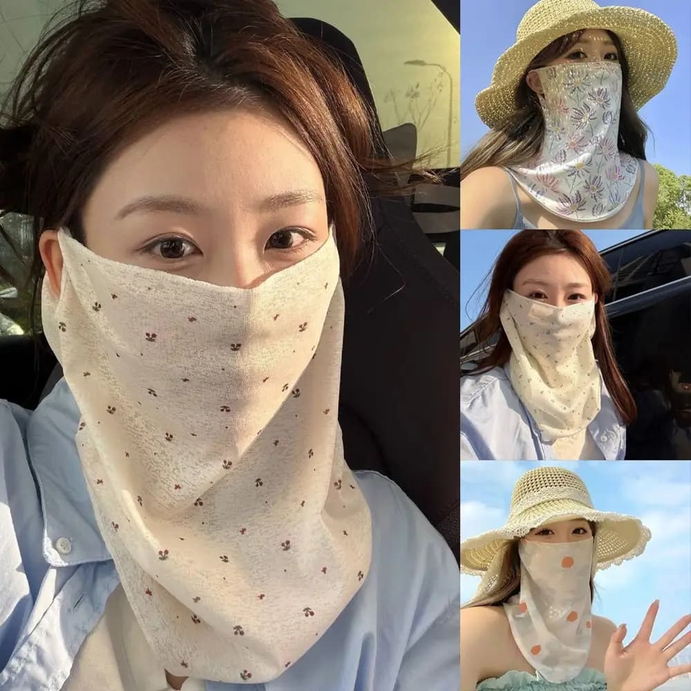 Breathable Women Mask Scarf Thin Floral Printed Sun Protection Face Mask Cooling Ear Hanging Face Cover